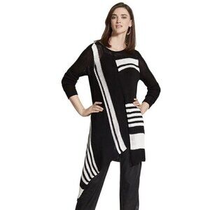 Chico's 1 Sz M Womens Asymmetrical Hem Knit Sweater Minimalist Black Stripe